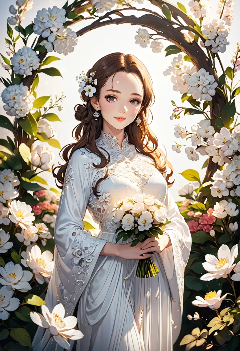Very detailed,((ultra detailed face)),best quality, 8k, (soft Light), Light, ((soft focus)),1 beautful woman, goddess,facing the camera,((full body)),long brown hair, ((forehead)),almond eye, fluffy hair,((forehead)),elegant, Comfortable, Clean and detailed anime art, Trending on artstart,(((milky white)),  illuminate warmly, big smile,flowers,((happiness)),thank you!