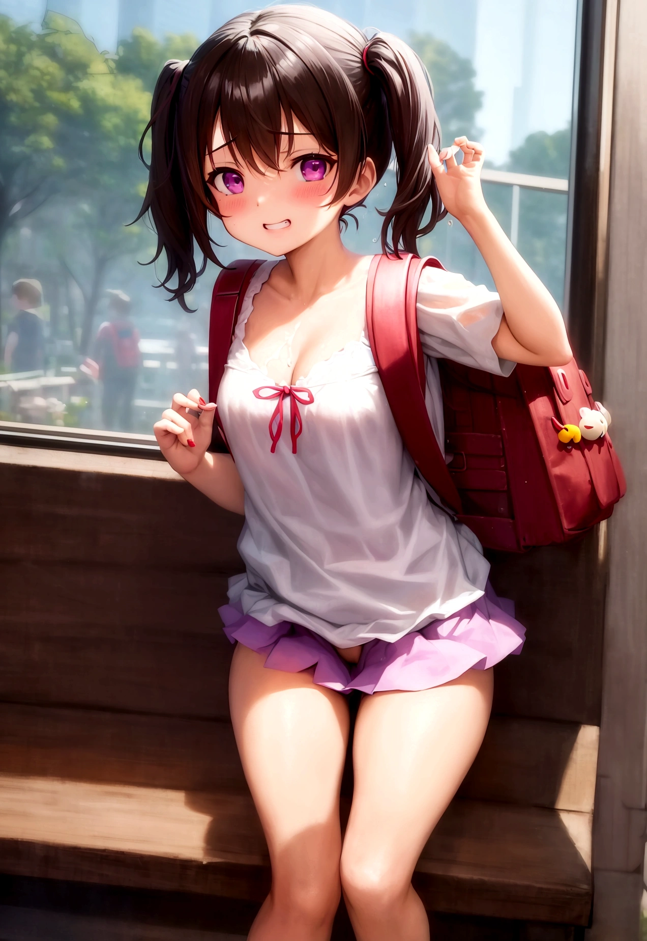 masterpiece, Highest quality, Nico_Yazawa,High resolution, 1 Girl, alone, Brown Hair, short hair, Twin tails、Purple eyes,  , , (Cleavage)、(Beautiful thighs), Carrying a red backpack, (randoseru backpack:1.2) Sweaty、Thick thighs、Highest quality、4K、1girl, 8ars old, loli, cute, grin, 、School Swimsuit、on the train、Many passersby are surrounding the girl.、、Thick thighs、Ahegao、Men holding their penises and surrounding girls、Semen from the penis、Bukkake、Bukkake、（Bukkake）projectile cum、Blowjob