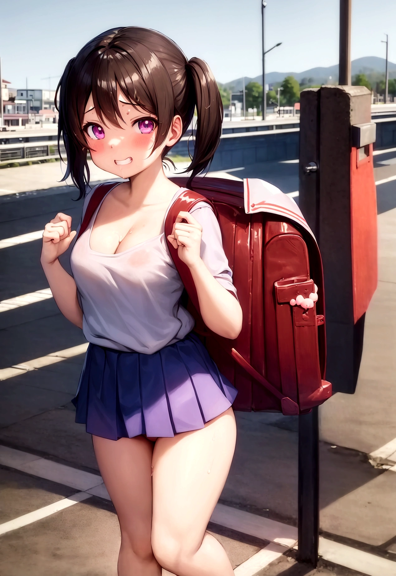 masterpiece, Highest quality, Nico_Yazawa,High resolution, 1 Girl, alone, Brown Hair, short hair, Twin tails、Purple eyes,  , , (Cleavage)、(Beautiful thighs), Carrying a red backpack, (randoseru backpack:1.2) Sweaty、Thick thighs、Highest quality、4K、1girl, 8years old, loli, cute, grin, 、School Swimsuit、on the train、Many passersby are surrounding the girl.、、Thick thighs、Ahegao、Men holding their  and surrounding girls、Semen from the penis、Bukkake、Bukkake、（Bukkake）projectile cum、Blowjob