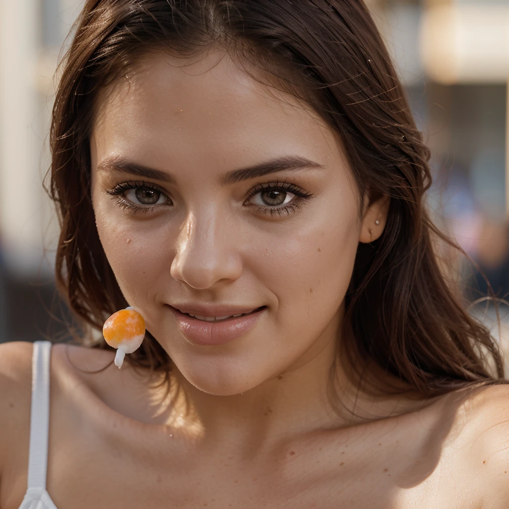 a beautiful argentine woman, (a woman licking a candy) , smiling at the camera, detailed face, beautiful and sexy woman, taking photos for instagram, 1girl, delicate facial features, whole body, highly detailed, photorealistic, 8k, realistic, masterpiece, very high quality, gorgeous eyes, lush eyelashes, lovely lips, perfect skin, elegant expression, fashionable outfit, natural lighting, warm color tones, cinematic composition, shallow depth of field, bokeh background