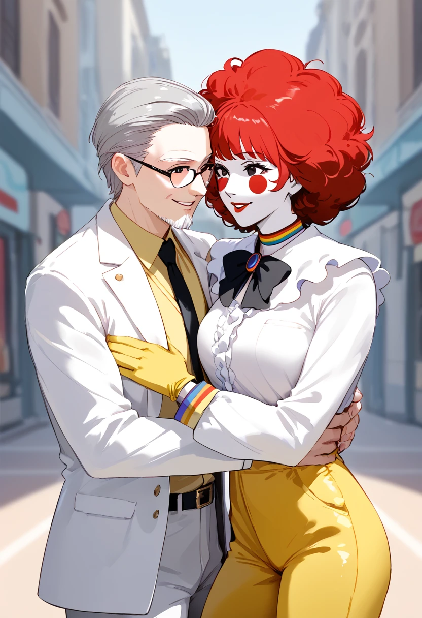 (8k, masterpiece, best quality, ultra-detailed, an extremely delicate and beautiful, official style, depth of field, highly detailed, very aesthetic, intricate, overall detail, perfect anatomy), simple backgoround, face-to-face, handshake BREAK (2boys, multiple boys:1.2), (1boy is Ronald McDonald, red hair, afro, facepaint, clown, white skin, black eyes, red lips, yellow gloves, yellow jumpsuit), BREAK (1boy is Colonel Sander, old man, grey hair, facial hair, glasses, white jacket, black bow), smile
