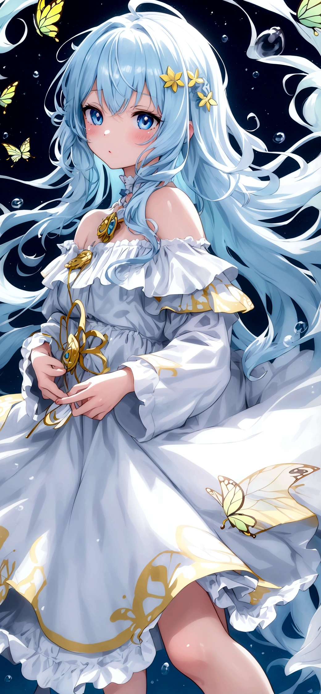(best quality), (Extremely detailed),(Messy hair),(illustration), (1 girl), Beautiful and delicate eyes,Beautiful face,floating,(High Saturation),Dotted Butterfly(Colorful splash),Colored bubbles,(shining),Focus on the face, Walk in the forest,White long hair,Sunlight,Light blue dress、Off-shoulder