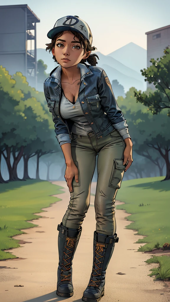 ((masterpiece, best quality)),(complex lighting) ,solo,(((1girl))) ,clementine, light skin,light-skinned female, baseball cap, green cargo pants, brown eyes, tight pants, combat boots, shirt, short hair, one short ponytail, open denim jacket, huge , thicc  , (((8k))), (((full body))), ((())), (((looking at the viewer))), (((view from in front of her))),  . Use jennie face 
