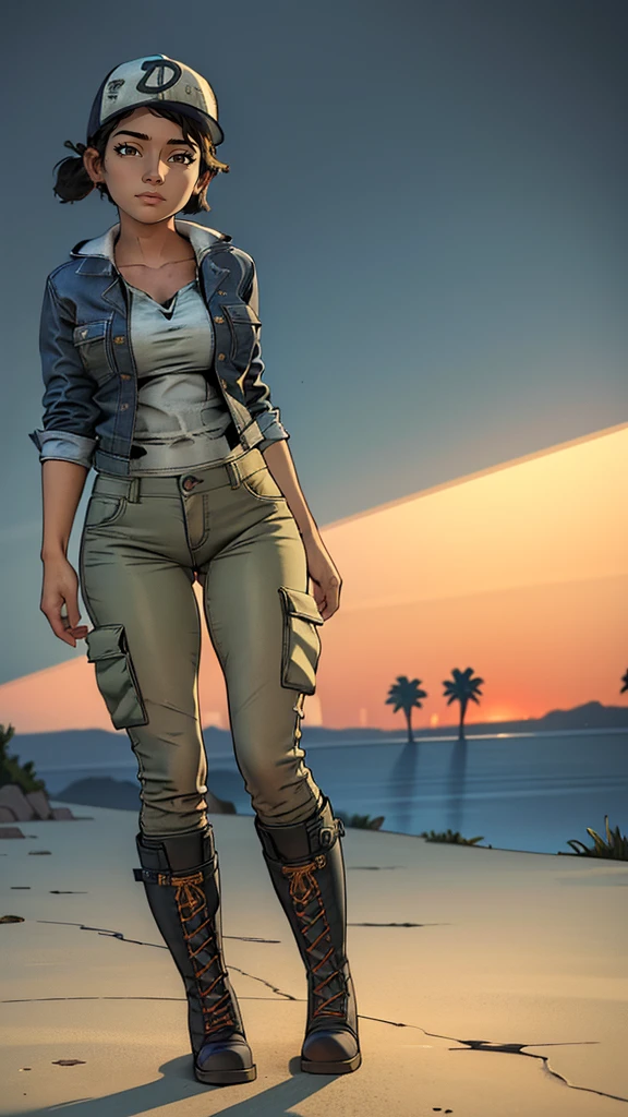 ((masterpiece, best quality)),(complex lighting) ,solo,(((1girl))) ,clementine, light skin,light-skinned female, baseball cap, green cargo pants, brown eyes, tight pants, combat boots, shirt, short hair, one short ponytail, open denim jacket, huge butt, thicc butt , (((8k))), (((full body))), (((bent over))), (((looking at the viewer))), (((butt visible))), cameltoe