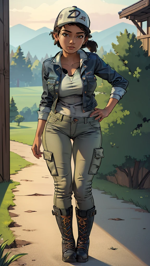 ((masterpiece, best quality)),(complex lighting) ,solo,(((1girl))) ,clementine, light skin,light-skinned female, baseball cap, green cargo pants, brown eyes, tight pants, combat boots, shirt, short hair, one short ponytail, open denim jacket, huge butt, thicc butt , (((8k))), (((full body))), (((bent over))), (((looking at the viewer))), (((view from in front of her))), big breasts . Use jennie face