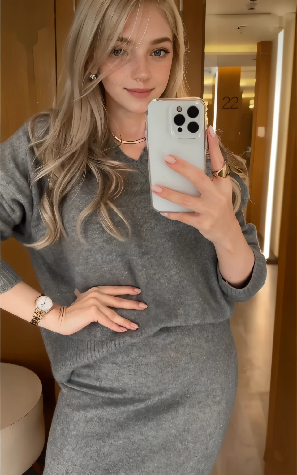 a one woman, americana, age 25, pale skin and freckles, grey-eyed, delicate nose, soft and delicate lips, distant, cabelo blondie distant e ondulado na altura da cintura, Sweet smile, face with delicate feminine facial features, highly rendered