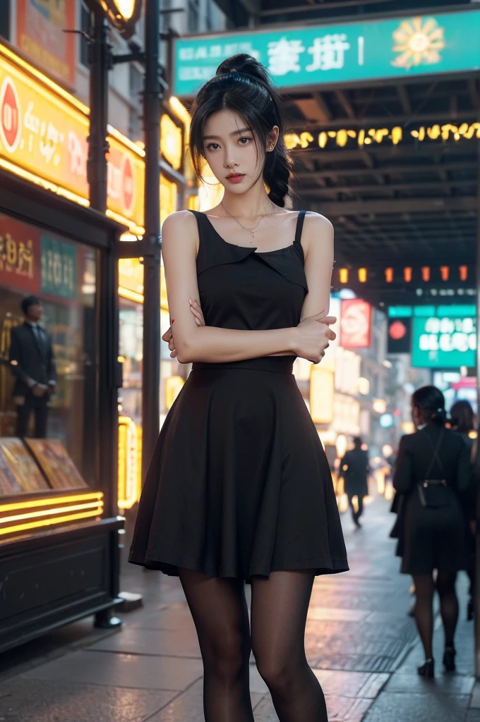(((best quality))),(((ultra detailed))),(((masterpiece))),illustration,1girl,slim,vibrant cotton dress,short ponytail,flat chest,pantyhose,standing, bustling city streets, honking cars,surrounded by crowded crowds, colorful advertisements,enjoying sights and sounds,(dark black skin:1.5),(day scene:1.3),upper body,arms behind back,sunshine