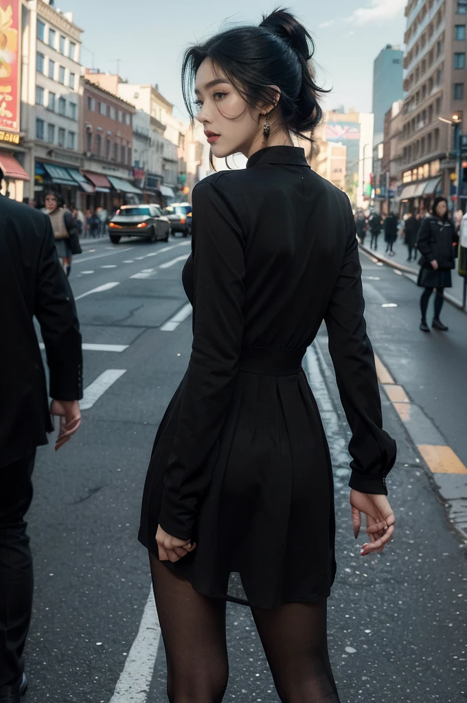(((best quality))),(((ultra detailed))),(((masterpiece))),illustration,1girl,slim,vibrant cotton dress,short ponytail,flat chest,pantyhose,standing, bustling city streets, honking cars,surrounded by crowded crowds, colorful advertisements,enjoying sights and sounds,(dark black skin:1.5),(day scene:1.3),upper body,arms behind back,sunshine
