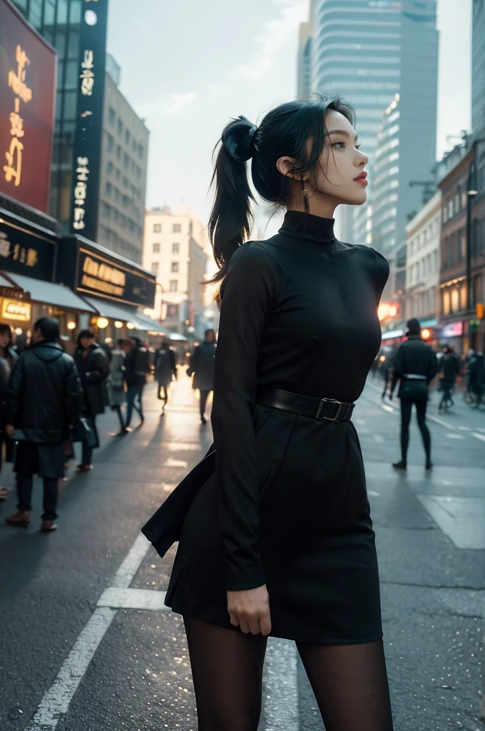 (((best quality))),(((ultra detailed))),(((masterpiece))),illustration,1girl,slim,vibrant cotton dress,short ponytail,flat chest,pantyhose,standing, bustling city streets, honking cars,surrounded by crowded crowds, colorful advertisements,enjoying sights and sounds,(dark black skin:1.5),(day scene:1.3),upper body,arms behind back,sunshine