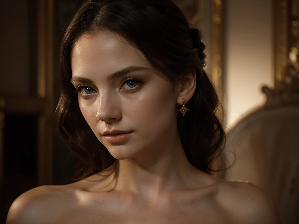 A chiaroscuro portrait of a woman, beautiful detailed eyes, beautiful detailed lips, extremely detailed eyes and face, long eyelashes, porcelain skin, elegant hairstyle, intricate jewelry, dramatic lighting, Renaissance style, dramatic shadows, warm golden tones, dramatic chiaroscuro lighting, ultra-detailed, 8k, photorealistic, masterpiece, cinematic, dramatic atmosphere, elegant and regal