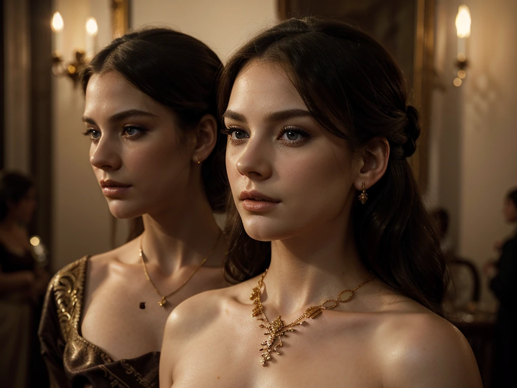 A chiaroscuro portrait of a woman, beautiful detailed eyes, beautiful detailed lips, extremely detailed eyes and face, long eyelashes, porcelain skin, elegant hairstyle, intricate jewelry, dramatic lighting, Renaissance style, dramatic shadows, warm golden tones, dramatic chiaroscuro lighting, ultra-detailed, 8k, photorealistic, masterpiece, cinematic, dramatic atmosphere, elegant and regal