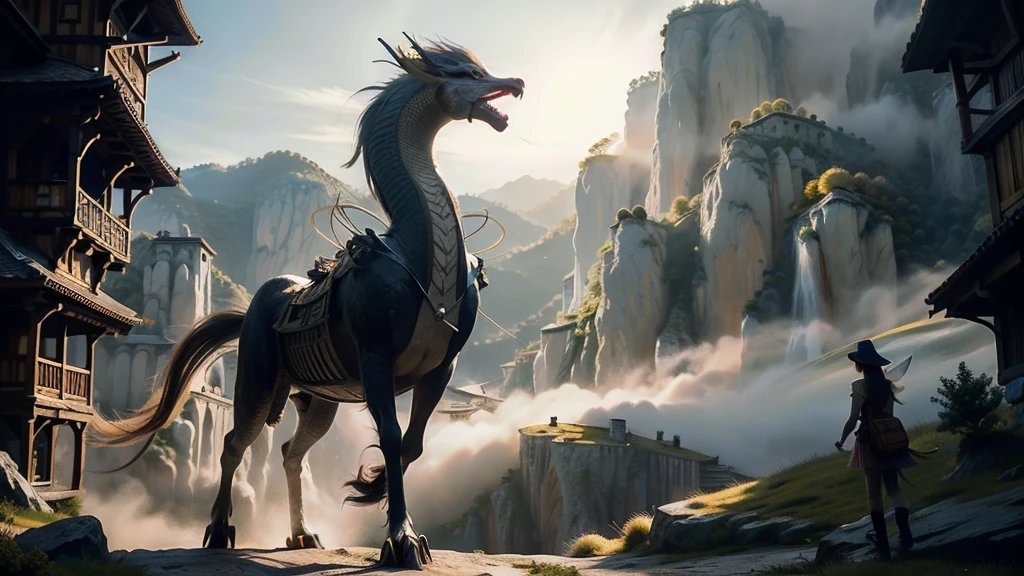 ((best quality)), ((masterpiece)), (detailed), A kind of creature dragon horse，Carrying a book，There is a fairy standing opposite