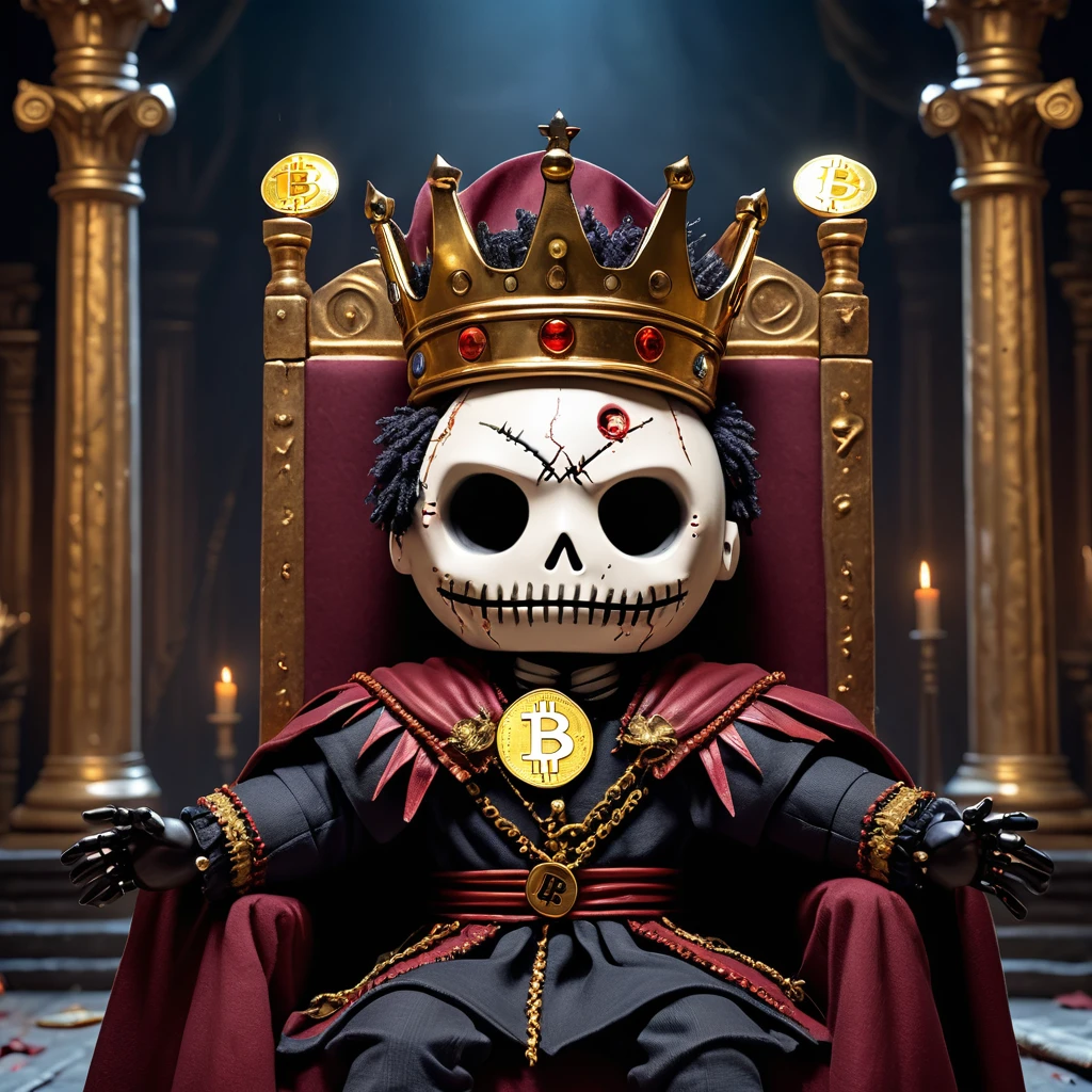 (knitted toy voodoo doll:1.8), (voodoo king:1.3), (clothes torn royal cloak, dark crown, golden scepter:1.2), (with bitcoin coin:1.8), (sitting on throne:1.4), (in the background ruined throne room, fallen columns, moonlight:1.3), gothic atmosphere, best quality, masterpiece, detailed soft oil painting, detailed background, dramatic cinematic lighting, soft edge lighting, professional, dramatic lighting, hard edge lighting, ultra quality, 4k, masterpiece, best quality, 8k, ultra high definition, high resolution, extremely detailed