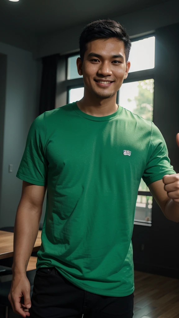Hyperrealistic 3D Cartoon style character with big head. 30 year old Indonesia man, ideal body, black short hair, Light green shirt, smile and look straight ahead with your hand giving a thumbs up, bright background. Use soft photography lighting. Hair lighting, top lighting. Hair lighting, top lighting, slide lighting, high quality photos, UHD, 16k.