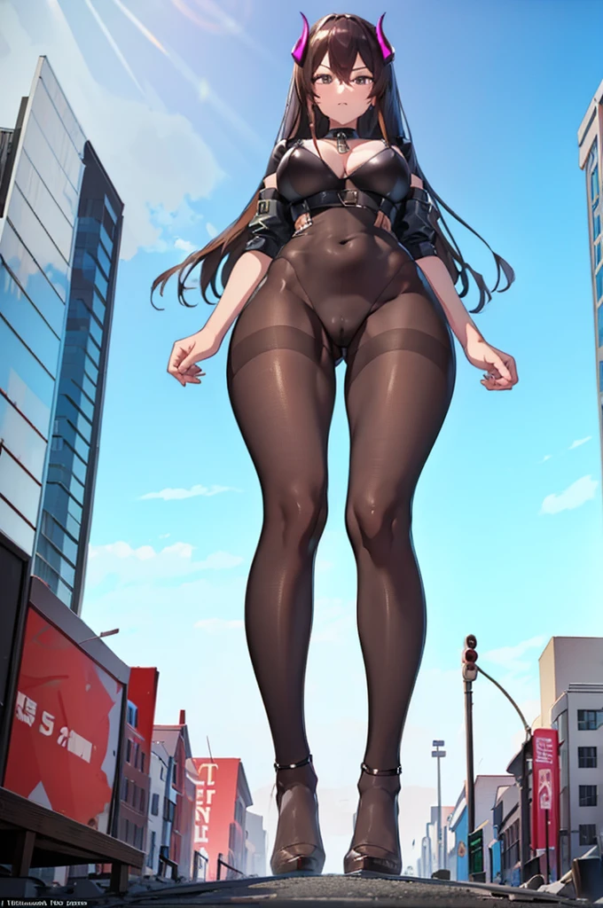 A giantess succubus stands in the middle of a small town crushing tiny people. The camera perspective is from very below, which emphasizes her imposing stature. The giantess wears an outfit that accentuates all her curves, especially her long legs and large calves. Her posture, with her hands on her hips and a defiant expression on her face, exudes dominance. The tall buildings around her seem tiny in comparison. very Closer photo from below, long legs, big calves, heels, tiny people, transparent pantyhose, luxury, tall
