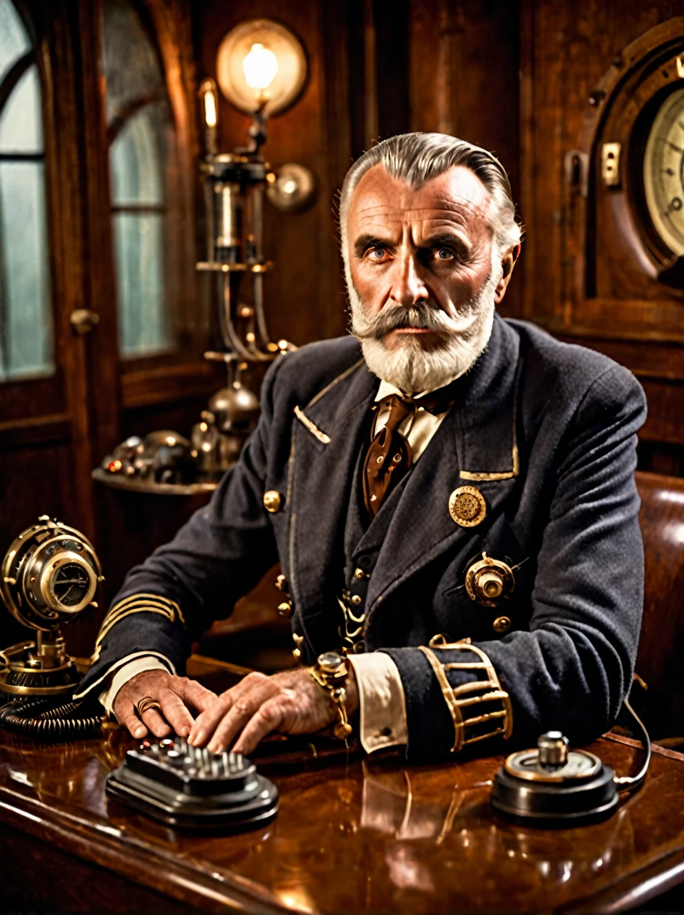 photo focus on male focus, indoors, realistic scenery, (captain nemo:1.1), not showing hands, hands under table retro-futuristic, using a thermionic radio, Bakelite radio, electricity, steampunk nautilus-style. very wide shot, character photo portrait, film, professional