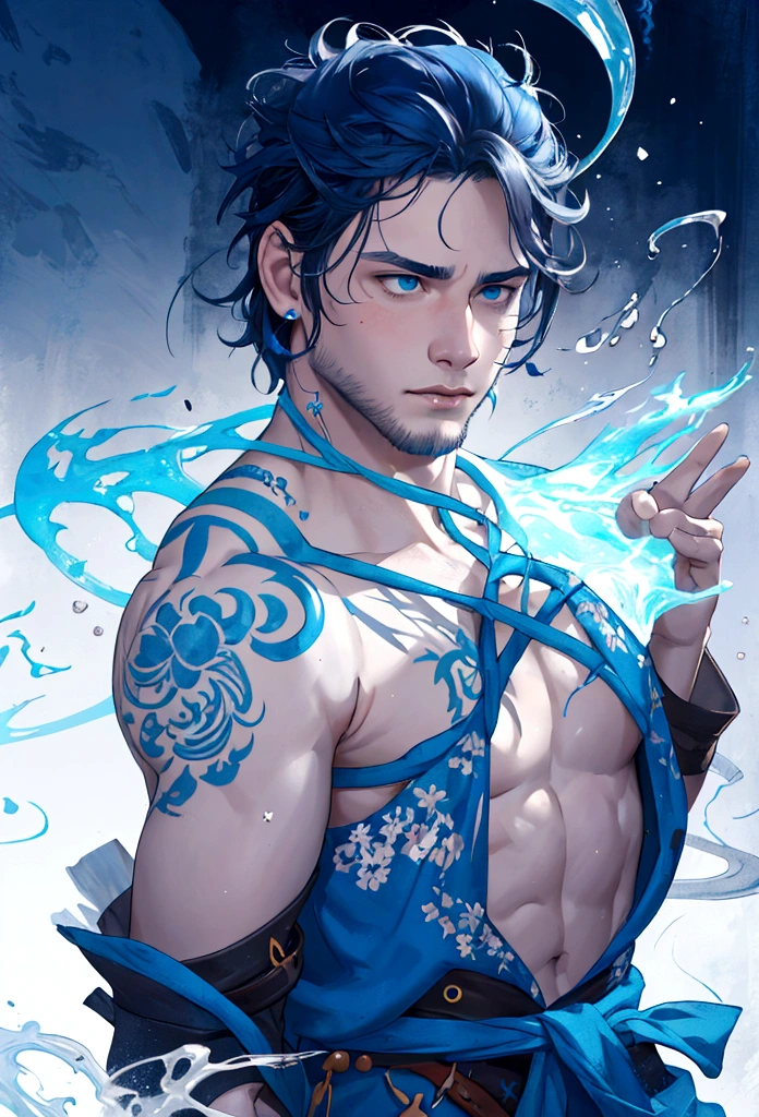 close-up facing camera, shirtless, virile young adult, unshaven, body hairstyles, fade, dramatic, dynamic, masterpiece, fantasy concept art, magic, abstract, surreal, whimsical, fantasy, splashes, specific artwork, vivid, vibrant ,blue and white color scheme, circle, best quality