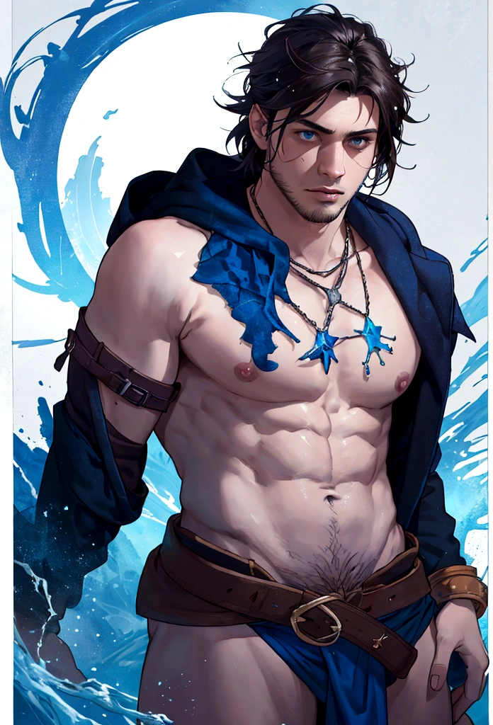 close-up facing camera, shirtless, virile young adult, unshaven, body hairstyles, fade, dramatic, dynamic, masterpiece, fantasy concept art, magic, abstract, surreal, whimsical, fantasy, splashes, specific artwork, vivid, vibrant ,blue and white color scheme, circle, best quality