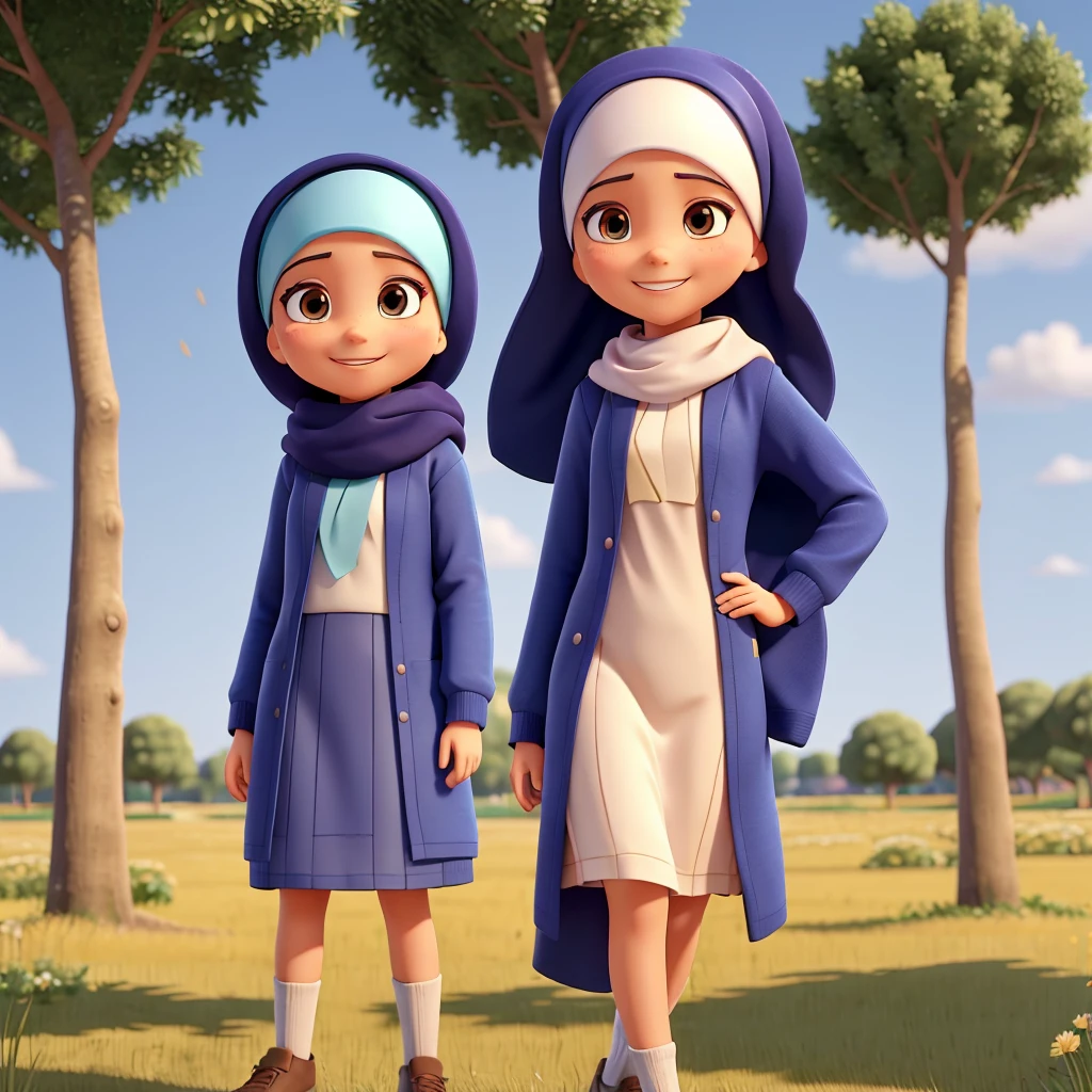 A girl wears a graduate outfit. she has wearing hijab. she has an ideal body. His expression is smilling. The background is a field filled with trees. The POV is taken at half body. 3D Animation. Disney Pixar style.