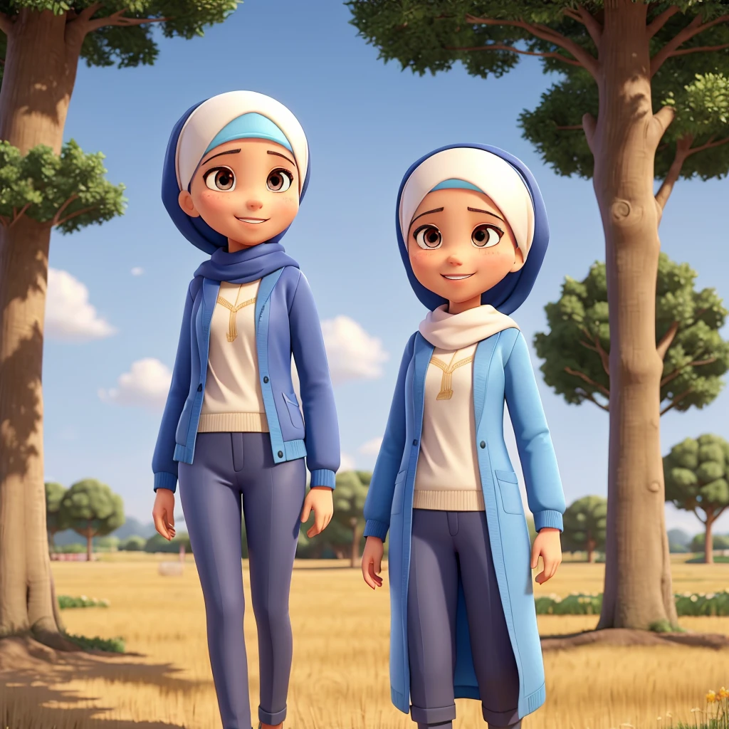 A girl wears a graduate outfit. she has wearing hijab. she has an ideal body. His expression is smilling. The background is a field filled with trees. The POV is taken at half body. 3D Animation. Disney Pixar style.