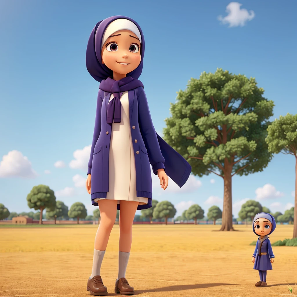 A girl wears a graduate outfit. she has wearing hijab. she has an ideal body. His expression is smilling. The background is a field filled with trees. The POV is taken at half body. 3D Animation. Disney Pixar style.