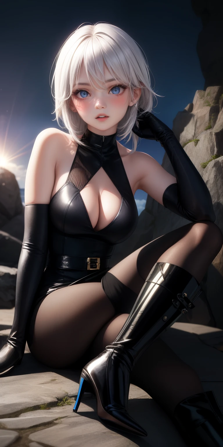 realisti, 1 girl, white hair, blue eyes, glowing eyes, Short top, Rock, open lips, Blush, black wrist gloves, black boots with high heels, natta, Floral, sun, sun light,