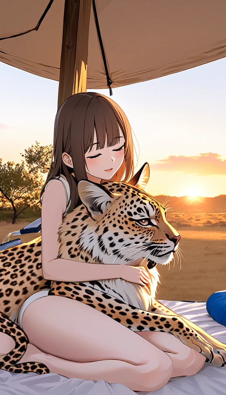 Highest quality、Masterpiece、(((Sunset Savanna、tent)))、BREAK、(((One Girl、Cute sleeping girl、tentでチーター柄の寝袋に入る女性:1.37)))、BREAK、Adult cheetah、Cheetah sleeping with a girl、Super detailed cheetah、A detailed drawing of a cheetah