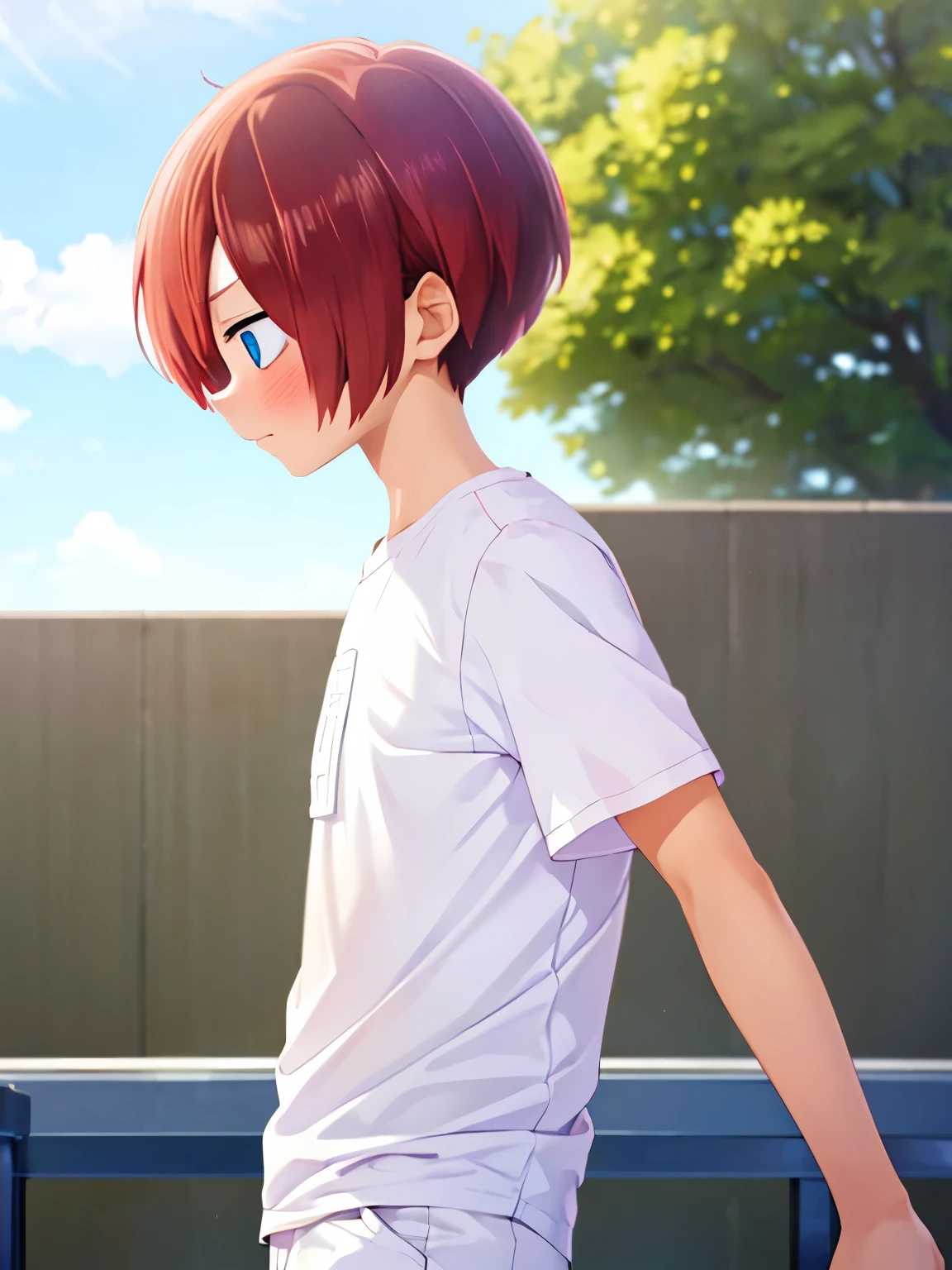 1boy, solo, male focus, kyoutarou_ichikawa, red hair, blue eyes, short hair, hair over one eye, bangs, Standing,blush, White t-shirt,Plain t-shirt, white trousers,Facing left, camera angle from the side, photo from the side, looking away,Hands on chest