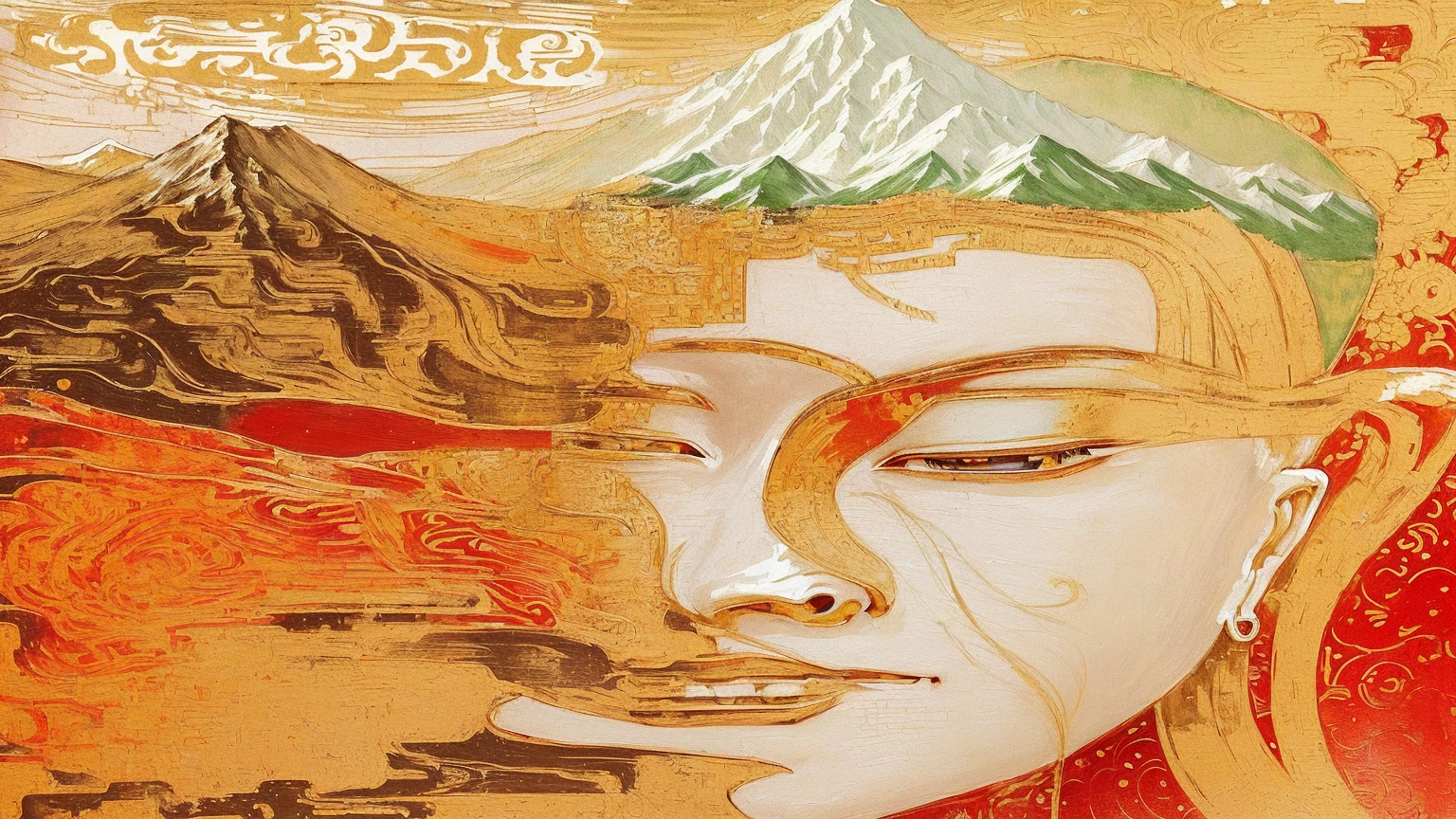 painting of a Buddha face with a mountain in the background, david mack, Botticelli and Victor I, Inspired by Victor I, the Buddha, Buddha教, his mind contemplating eternity, by Sheng Maoye, painting, Victor May and Tristan Eaton, Extremely sophisticated, Buddha, Reincarnation