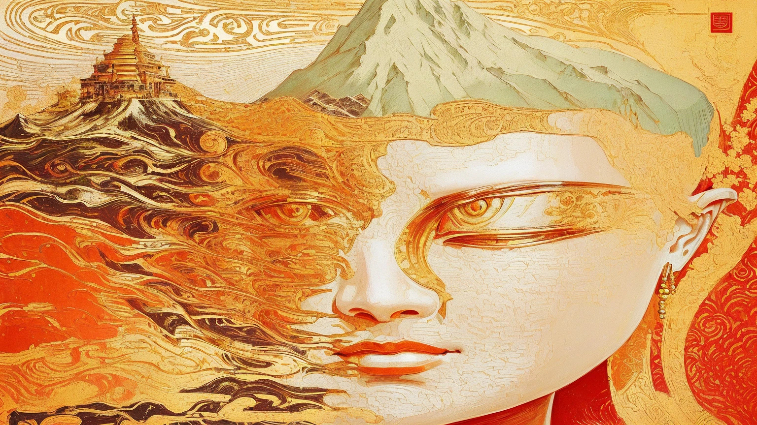 painting of a Buddha face with a mountain in the background, david mack, Botticelli and Victor I, Inspired by Victor I, the Buddha, Buddha教, his mind contemplating eternity, by Sheng Maoye, painting, Victor May and Tristan Eaton, Extremely sophisticated, Buddha, Reincarnation