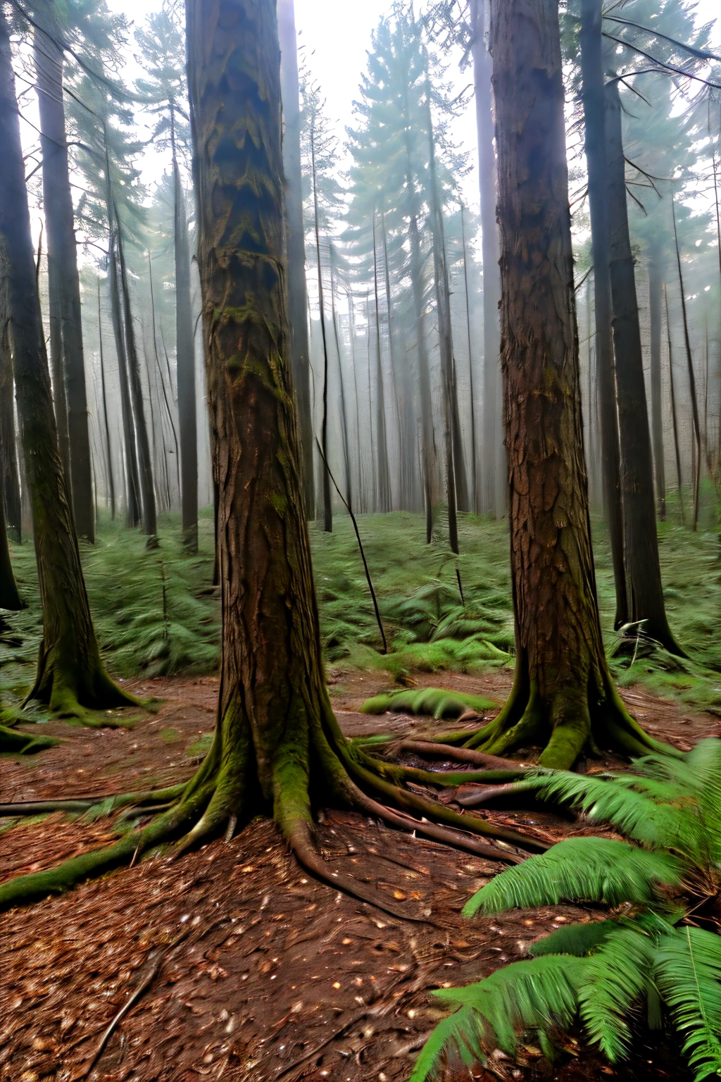 A deep green and brown forest and the center of the place one flight 777 was crash and burn and smoky