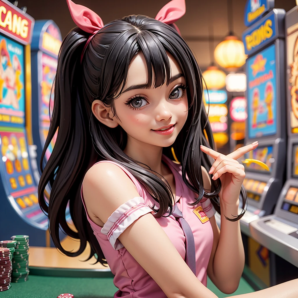 happy and smile, indonesian girl wearing high gambling in slot machines casino, flirting you, looking at you,