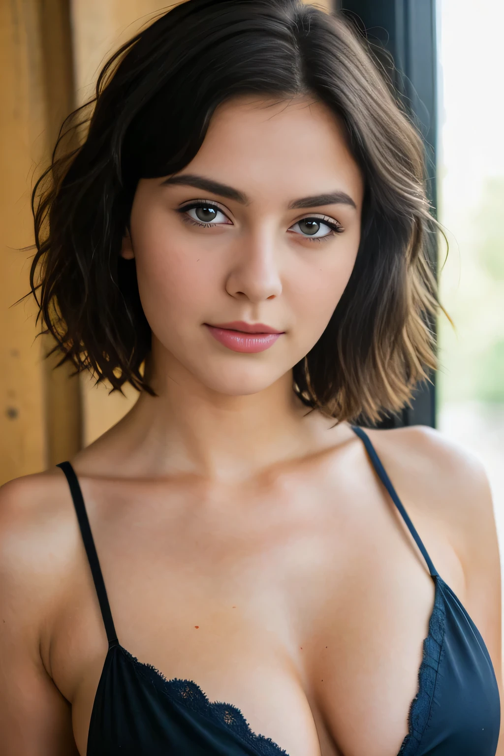 beautiful 22 years old girl, sad face, short brunette hair, ((blue eyes))), (black spaghetti strap top ), generous cleavage, (( busty)), (shot of face and breast), high-res, masterpiece, best quality, intricate details, highly detailed, sharp focus, kodak vision color, extremely detailed,realistic, max detail, roughness, real life, ultra realistic, photorealism, photography, 8k uhd, photography,