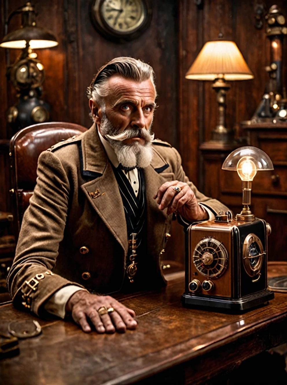 photo focus on male focus, indoors, realistic scenery, (captain nemo:1.1), hands under table, retro-futuristic,  using a thermionic radio, Bakelite radio,  electricity, steampunk nautilus-style. very wide shot, character photo portrait, film, professional, 4k