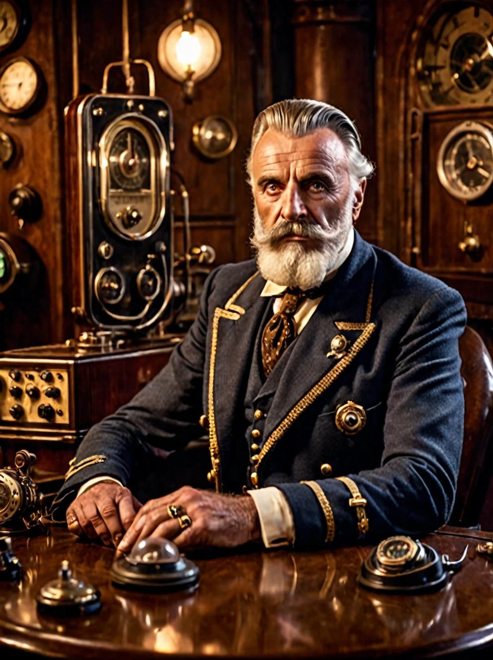 photo focus on male focus, indoors, realistic scenery, (captain nemo:1.1), hands under table, retro-futuristic, using a thermionic radio, Bakelite radio, electricity, steampunk nautilus-style. very wide shot, character photo portrait, film, professional, 4k