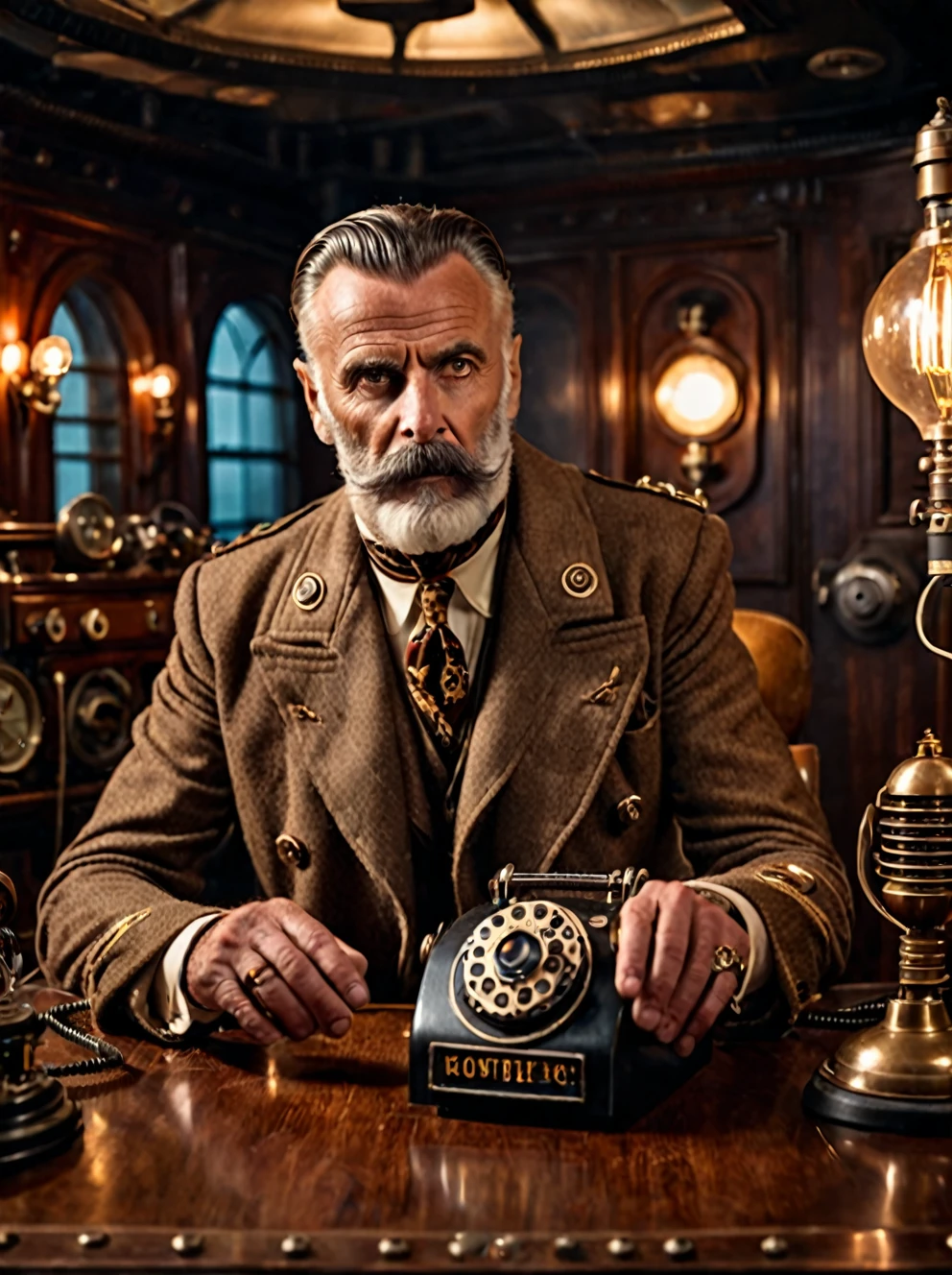 photo focus on male focus, indoors, realistic scenery, (captain nemo:1.1), hands under table, retro-futuristic,  using a thermionic radio, Bakelite radio,  electricity, steampunk nautilus-style. very wide shot, character photo portrait, film, professional, 4k