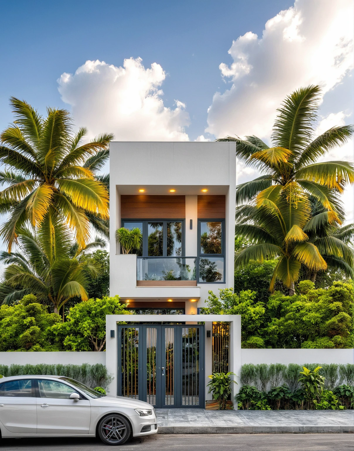Raw photo,Masterpiece, high quality, best quality, authentic, super detail,
outdoors, onestoreyvillaXL, aiaigroup, house style modern on the street ,stairs, white wall
road,pavement, grass, trees, sky, cloud, (daylight:1.1)