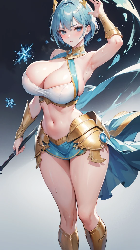 Highest image quality,Outstanding details,Ultra-high resolution,4K image, assembly, best quality, masterpiece, movie lighting ,Sexy,Huge breasts,cleavage,Act fast,In battle,Sweat,light blue short hair,muscle,Dance with spear in hand,Snowflakes are rising all around,golden armor,anger,on the battlefield,Sunlight,female knight