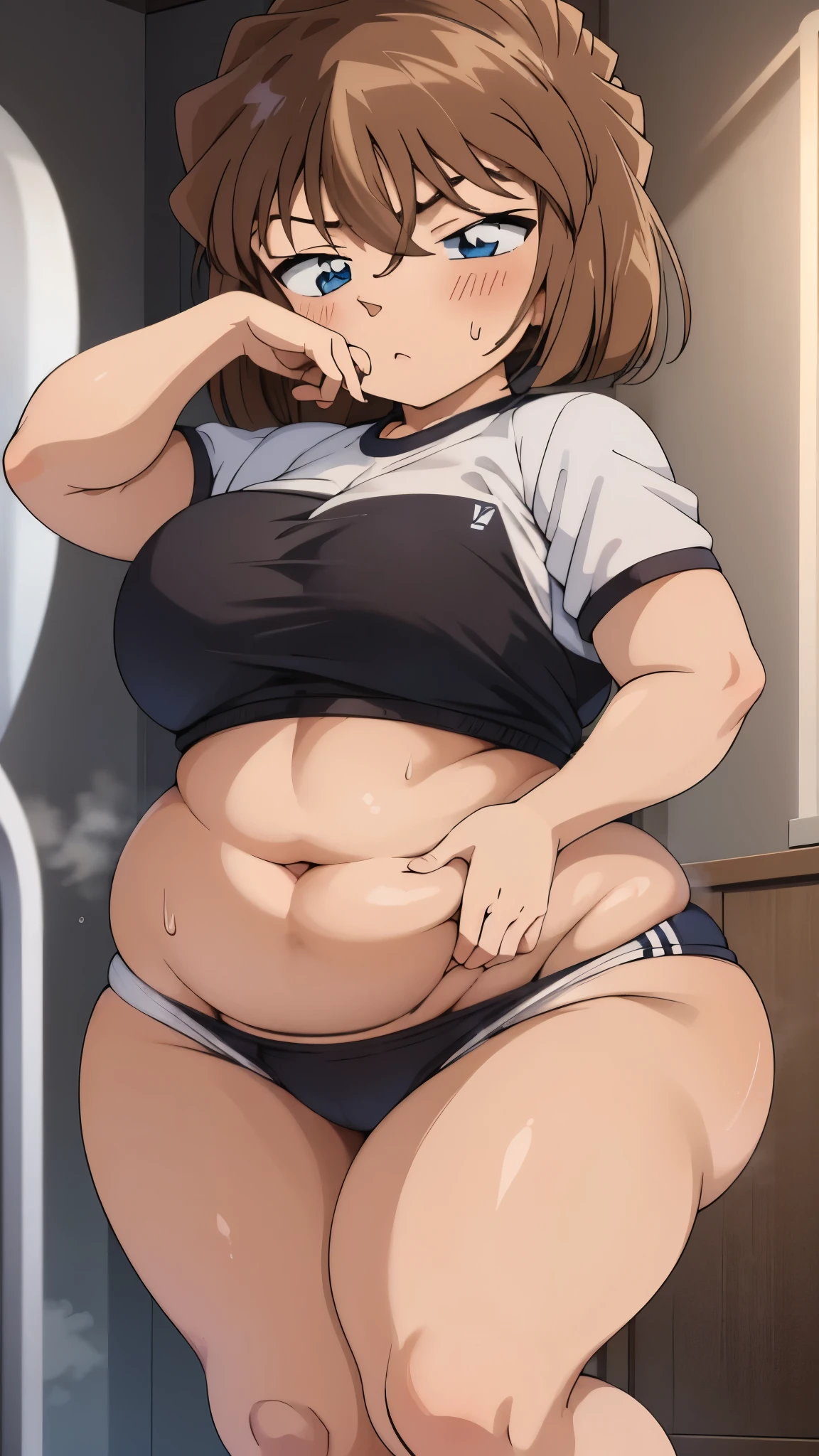 A girl wearing a gym uniform and blue bloomers(()), thick, Big ,  emphasized curvaceous, Chubby, Light brown hair,blue eyes,short hair,Wide ,vapor,Sweat,White sports ,Small ,Blushed,Captivating look,