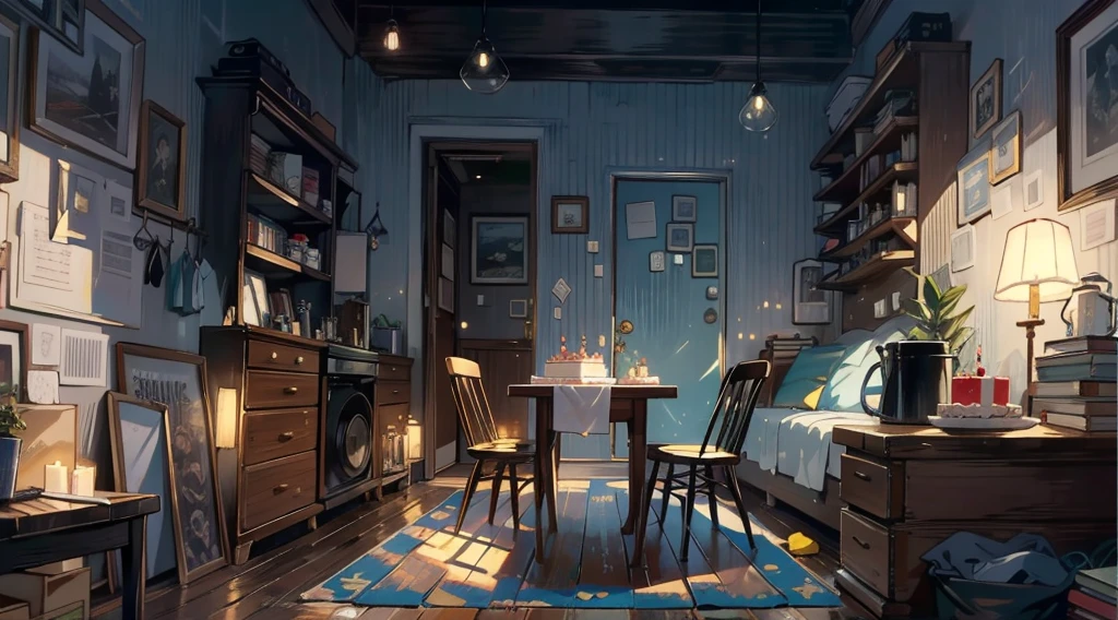 （best quality，masterpiece：1.2，detailed details，4k），A dim old apartment, a small birthday cake on an old wooden table, a modern apartment, an alarm clock on the wall, an anime scene,the wooden floor, 