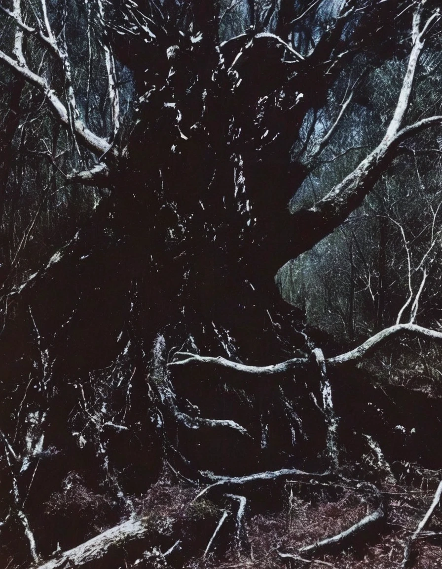 film photography, vintage, arthouse shoot of horror dark night forest