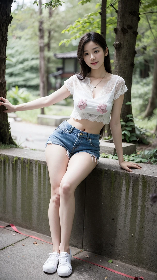 masterpiece, best quality, Surreal, Ultra Detailed, 8k resolution, RAW photos, Clear focus, (A girl in the forest),Asian woman in a blue top and white shorts posing for a photo,Breast augmentation, Full body posture, Solitary, Perfect body, , 32 inches in the chest,(a charming smile:1), (sexy pose),26 years old, light,White shoes,Nozomi Takemura, Oka Yasumoto, Chiho, Ogata Aoi, Motto Cave, Yoshitomo Nara, Kakinuchi Megumi, Harumi, Kojima De Ami, Beichuan Marin,