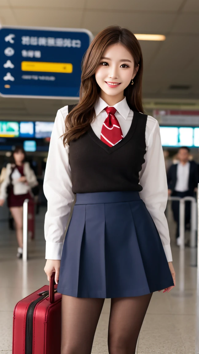 ​highest quality、table top、8k、best image quality、Award-winning work)、one beautiful woman、radiant beautiful skin , masterpiece、top-quality、The ultra -The high-definition、depth of fields、lens flare 1 girl、、brown hair、watching at  viewers glares, large breasts , stewardess uniform, crimson stewardess blazer, black  short skirt, (ysl high heels), perfect legs, model pose , smiling ,  airport departures, pantyhose 