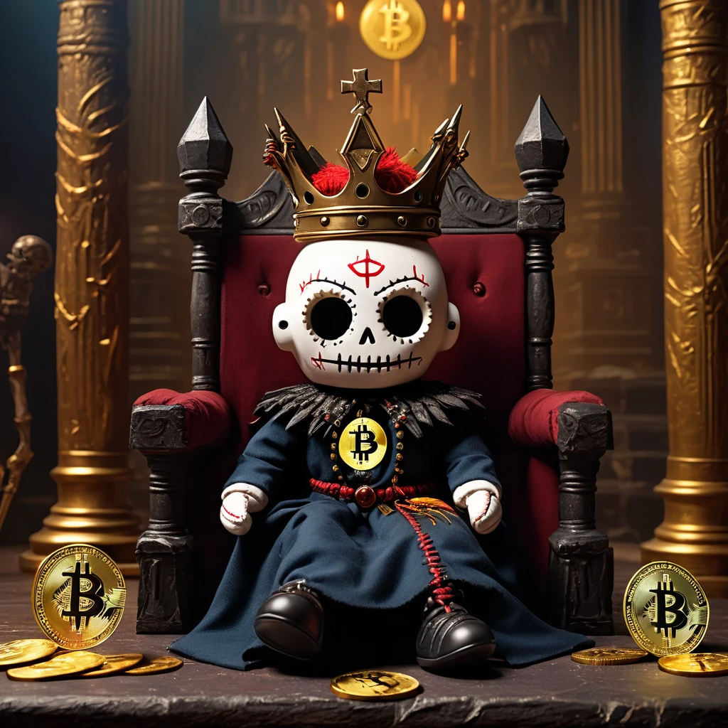 (knitted toy voodoo doll:1.8), (voodoo king:1.3), (clothes torn royal cloak, dark crown, golden scepter:1.2), (with bitcoin coin:1.8), (sitting on throne:1.4), (in the background ruined throne room, fallen columns, moonlight:1.3), gothic atmosphere, best quality, masterpiece, detailed soft oil painting, detailed background, dramatic cinematic lighting, soft edge lighting, professional, dramatic lighting, hard edge lighting, ultra quality, 4k, masterpiece, best quality, 8k, ultra high definition, high resolution, extremely detailed