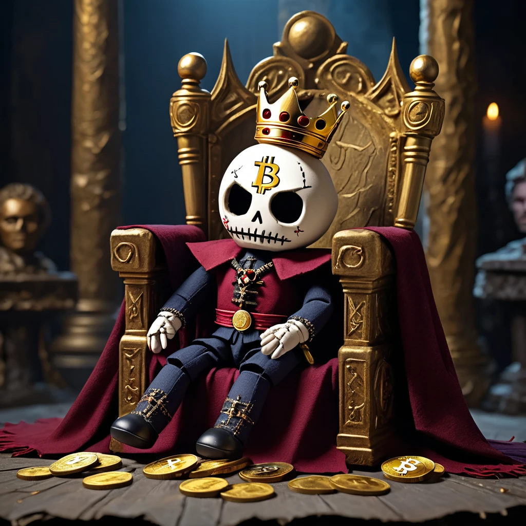 (knitted toy voodoo doll:1.8), (voodoo king:1.3), (clothes torn royal cloak, dark crown, golden scepter:1.2), (with bitcoin coin:1.8), (sitting on throne:1.4), (in the background ruined throne room, fallen columns, moonlight:1.3), gothic atmosphere, best quality, masterpiece, detailed soft oil painting, detailed background, dramatic cinematic lighting, soft edge lighting, professional, dramatic lighting, hard edge lighting, ultra quality, 4k, masterpiece, best quality, 8k, ultra high definition, high resolution, extremely detailed