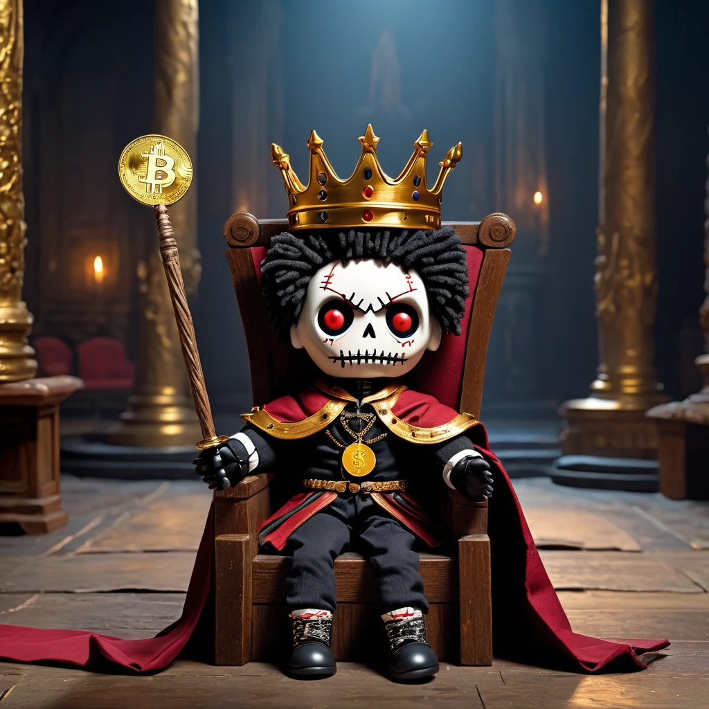 (knitted toy voodoo doll:1.8), (voodoo king:1.3), (clothes torn royal cloak, dark crown, golden scepter:1.2), (with bitcoin coin:1.8), (sitting on throne:1.4), (in the background ruined throne room, fallen columns, moonlight:1.3), gothic atmosphere, best quality, masterpiece, detailed soft oil painting, detailed background, dramatic cinematic lighting, soft edge lighting, professional, dramatic lighting, hard edge lighting, ultra quality, 4k, masterpiece, best quality, 8k, ultra high definition, high resolution, extremely detailed