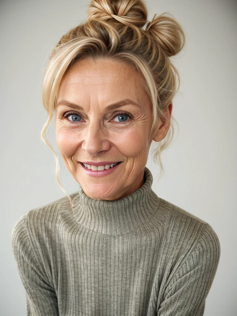photo of a skinny very old wrinkly-faced faced mature blonde messy long hair thrown into a messy bun ponytail. She wears: (turtleneck soft high ribbed different bright coloured super tight sweater:1.1), submissive seductive pose, high tight ribbed neck, seductive smile, perfect fake tits, horny eager granny, teasing sexy old lady