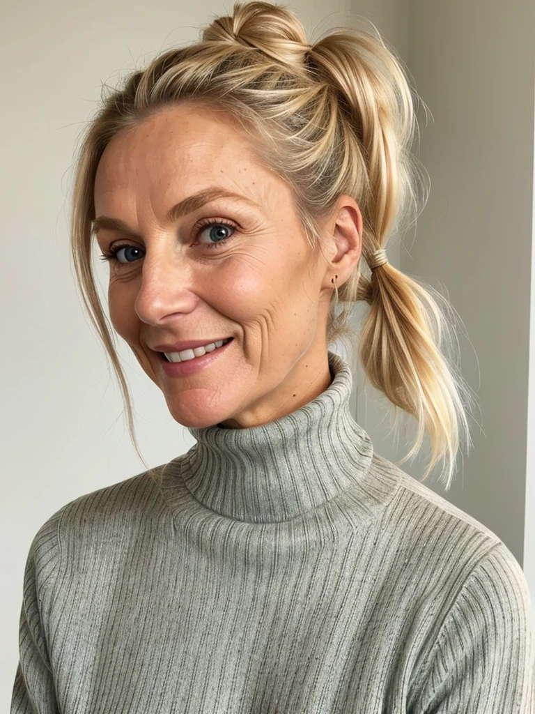 photo of a skinny very old wrinkly-faced faced mature blonde messy long hair thrown into a messy bun ponytail. She wears: (turtleneck soft high ribbed different bright coloured super tight sweater:1.1), submissive seductive pose, high tight ribbed neck, seductive smile, perfect fake tits, horny eager granny, teasing sexy old lady