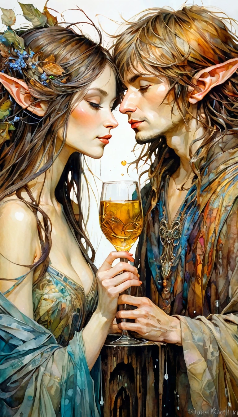 couple of lovers look at each other and toast with two luxurious glasses (art inspired by Brian Froud and Carne Griffiths and Wadim Kashin, intricate details, oil )