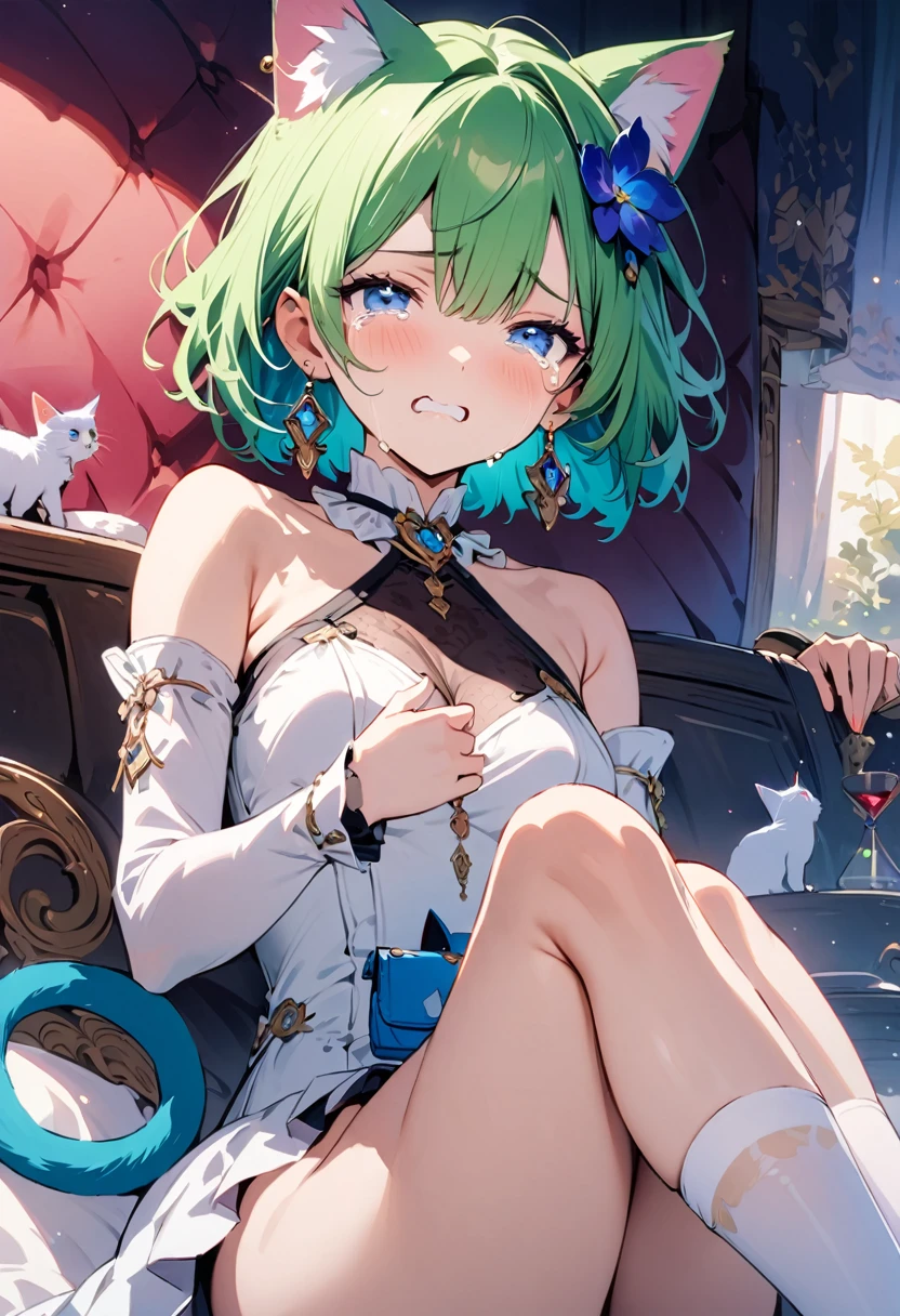 masterpiece, Highest quality, Illustrations for novels, High resolution, 18+ Adult content, Sensual, Intimate, Emotional, Passionate, romantic, sweet, Adorable, Innocent, Pure, Enchanting, Enchantingな, attractive, mysterious, Enchantingな, Enchanting, Immersive, Enchantingな, dream-like, Surreal, Imaginative, Whimsical, Artistic, Avant-garde, timeless, elegant, Sophisticated, chic, Sophisticated, Individuality, original, Enchantingな,One girl,Deltamon_beta, alone, blue eyes, Knee socks, Animal ears, Bare shoulders, Blue Tail, Earrings,Removable sleeves, Green Hair, No sleeve, Cat ear, bag, white Knee socks, Cat's Tail,pink backpack,Pink school bag,(Cheetah Dress:1.3), Paired with ivory tights and Mary Jane shoes.
rest ((Avoidance method ((kitten)), Crying face))